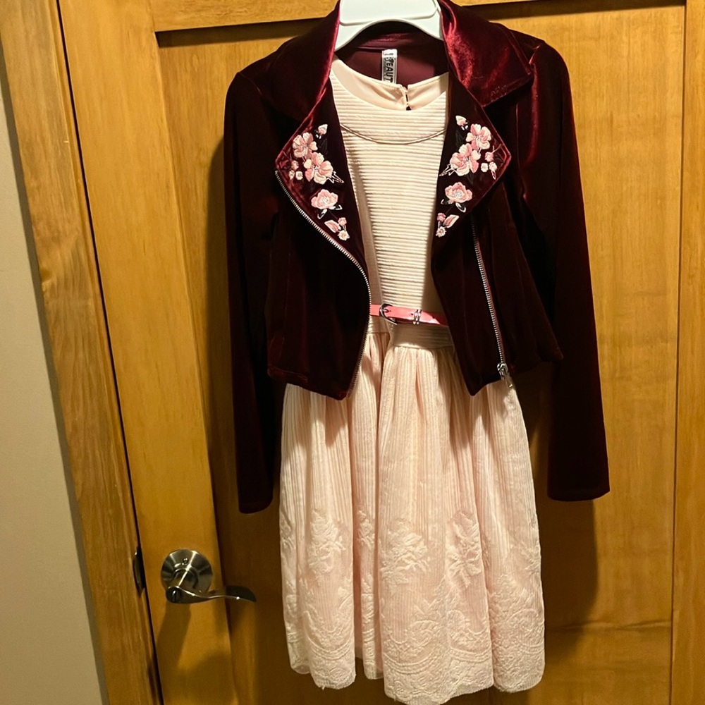 Beautees pink belted dress w/ lace overlay flowers & burgundy moto velvet jacket